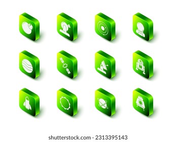 Set Astronomical observatory, Solar system, Astronaut helmet, Robot, Mars rover, Satellite dish, Satellites orbiting the planet and Sun icon. Vector