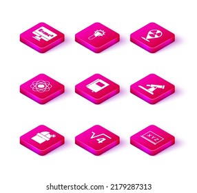 Set Astronomical observatory, Square root of 4 glyph, Atom, Book, XYZ Coordinate system, Telescope, Radioactive location and Test tube and flask icon. Vector