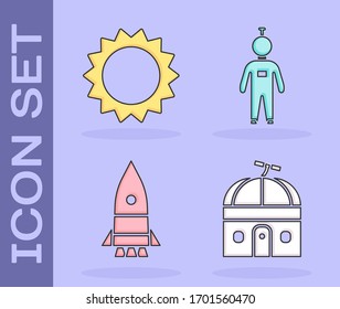 Set Astronomical observatory, Sun, Rocket ship and Astronaut icon. Vector