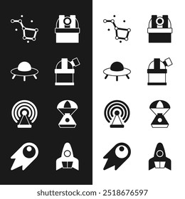 Set Astronomical observatory, UFO flying spaceship, Great Bear constellation, Radar, Space capsule, Rocket and Comet falling down fast icon. Vector