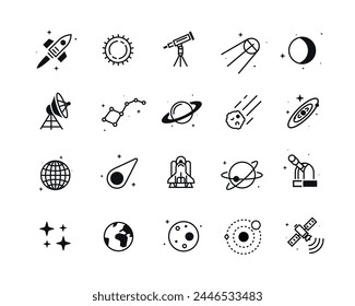 Set von astronomischen und Raum-Ikonen, linearer Stil. Schöne moderne Ikonen.