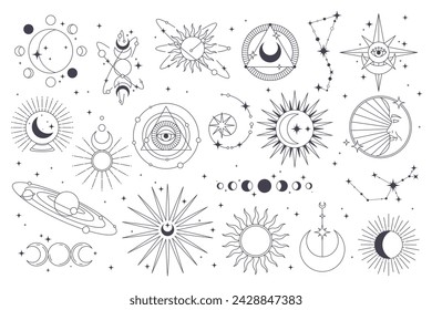 Conjunto de astronomía o astrología icono. Vector celestial o signo del cielo. Luna y sol, planeta saturno y estampado de constelaciones de horóscopo. Universo y cosmos, galaxia y lunar etiqueta o pegatina, elemento de diseño