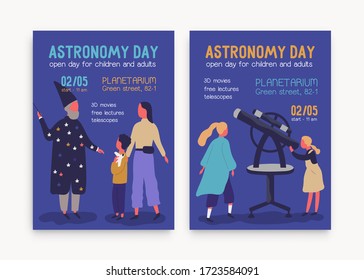 Set of astronomy day promo poster vector flat illustration. Adult and children visited planetarium talk with astronomical man and look into telescope. Announcement of exhibition with place for text