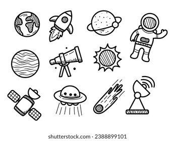 Set of astronomy doodle illustration on white background. Hand-drawn space element vector collection