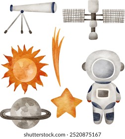 set of astronomy element. spacecraft. spaceship.