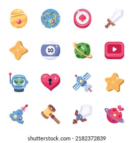 Juego de iconos planos de elementos de astronomía y juegos 

