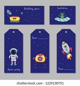 Set of astronomy hand drawn tags and cards. Vector illustration.