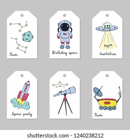 Set of astronomy hand drawn tags. Vector illustration.
