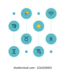 Set of astronomy icons flat style symbols with aries, pisces, telescope and other icons for your web mobile app logo design.