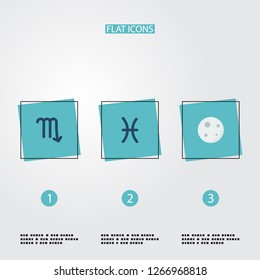 Set of astronomy icons flat style symbols with moon, pisces, scorpion and other icons for your web mobile app logo design.