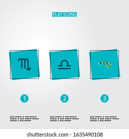 Set of astronomy icons flat style symbols with libra, scorpion, constellation and other icons for your web mobile app logo design.