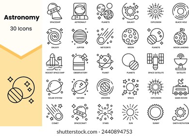 Conjunto de iconos de astronomía. Paquete de iconos de estilo de arte de línea simple. Ilustración de vector