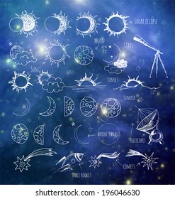  Set of astronomy sketches. Elements of this image furnished by NASA. Sun, Moon, sun eclipse, moon's phases, telescopes, stars and comets.