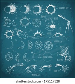 Set of astronomy sketches. Sun, Moon, sun eclipse, moon's phases, telescopes, stars and comets, space objects hand-drawn on blackboard. Vector sketch illustration.