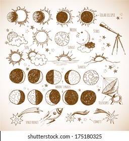 Set of astronomy sketches. Sun, Moon, sun eclipse, moon's phases, telescopes, stars and comets, space objects. Hand-drawn with ink in vintage style. Vector sketch illustration.