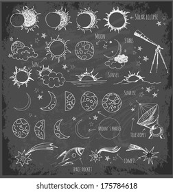 Set of astronomy sketches. Sun, Moon, sun eclipse, moon's phases, telescopes, stars and comets, space objects. Hand-drawn with ink in vintage style. Vector sketch illustration.