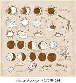 Set of astronomy sketches in vintage style. Sun, Moon, sun eclipse, moon's phases, telescopes, stars and comets, space objects. Hand-drawn with ink in vintage style. Vector sketch illustration.