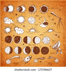 Set of astronomy sketches in vintage style. Sun, Moon, sun eclipse, moon's phases, telescopes, stars and comets, space objects. Hand-drawn with ink in vintage style. Vector sketch illustration. 