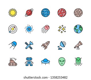 Set of Astronomy and Space Flat Color Line Icons. Sun, Solar System, Galaxy, Cosmos, Stars, Black Hole, Sputnik, Telescope, Moon, Alien, UFO, Planets, Spaceship and more. Pack of 48x48 Pixel Icons