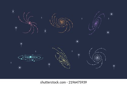 Set of Astronomy and Space Icons. Galaxy, planet, satellite, orbit, meteor, orbit, asteroid.