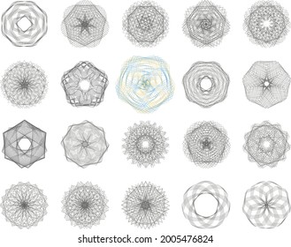 Set of asymmetric Guilloche Rosette stamp element design vector templates for certificate, diploma, currency, money, mandala, voucher. Created using AI CS6.