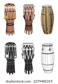 Set of atabaque. That musical instrument is a drum used in the sport called capoeira. Vector illustration isolated on white background.