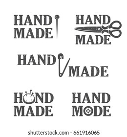Set of atelier logo, hand drawn illustration. Sewing tools and english text. Black and white emblem vector. Hand made concept, symbol of tailor shop. Design logotype