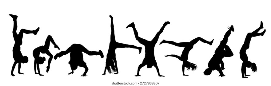 Set von Athleten tun Cartwheel Übung Vektor Silhouette einzeln. Acrobat Jungen und Mädchen Handstand Position. Stehende Handpose. Handstand Akrobatik Street Performer. Städtische Menschen verkümmern ihre Fähigkeiten.