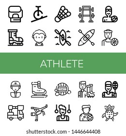 Set of athlete icons such as Boxing gloves, Ice skate, Rope biking, Soccer player, Shuttlecock, Kayak, Bench press, Waterpolo, Basketball player, Baseball player, Lifter , athlete