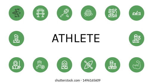 Set of athlete icons such as Kayak, Bench press, Badminton, Waterpolo, Gymnast, Canoe, Fencer, Basketball player, Karate, Archer, Muscle, Judo, Swimmer , athlete