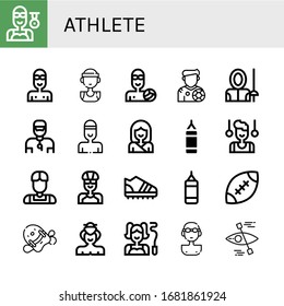 Set of athlete icons. Such as Swimmer, Basketball player, Waterpolo, Footballer, Fencer, Trainer, Karate, Punching bag, Gymnast, Athlete, Cyclist, Trainers, Rugby , athlete icons