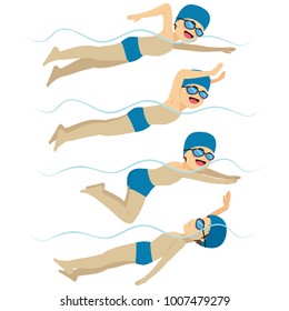 Set with athlete man swimming in different stroke styles training