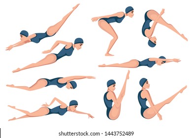 Set of athlete woman in blue swimsuit swimming in different style cartoon character design flat vector illustration on white background