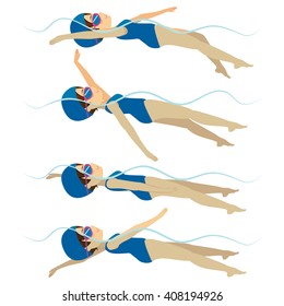 Set with athlete woman swimming backstroke stroke on various different poses training