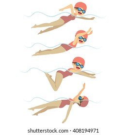 Set with athlete woman swimming in different stroke styles training