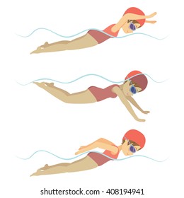 Set with athlete woman swimming free style stroke on various different poses training