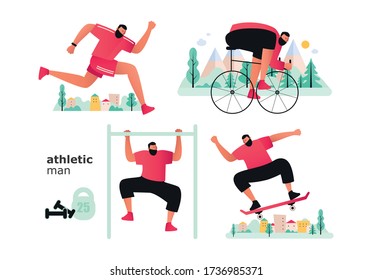 A set of athletes from different sports. A cyclist and a runner participate in a triathlon. Guy on a skateboard. The athlete on the crossbar lifts the body. Vector illustration of active sports