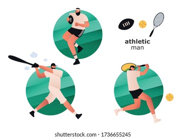 A set of athletes from different sports. A tennis player hits the ball with a racket. Attacking a Rugby player. A baseball player with a bat prepares to strike. Vector illustrations of tennis, Rugby 