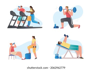Set of athletes doing exercise. Collection of images with people in gym. Training, fitnes, indoor. Healthy lifestyle, workout, sport. Cartoon flat vector illustrations isolated on white background - Shutterstock ID 2062962779