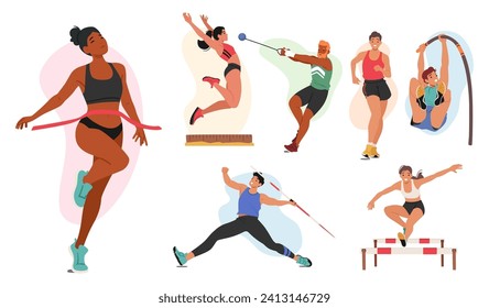 Juego de atletas de personajes masculinos y femeninos. Runner, Long and Pole Jump, Put Shot, Obstacle Jump, Walk Race y Javelin Throwing. Deportistas y deportistas en acción. Ilustración de vectores de personas de caricatura