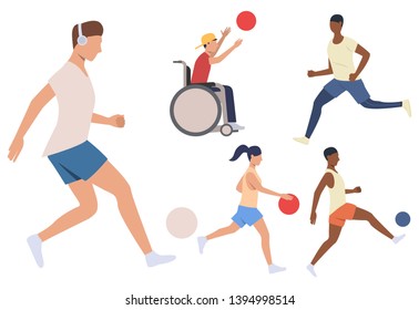 Set of athletes. Men, women and disabled person playing football and basketball. Sport concept. Vector illustration can be used for topics like active lifestyle or ball games