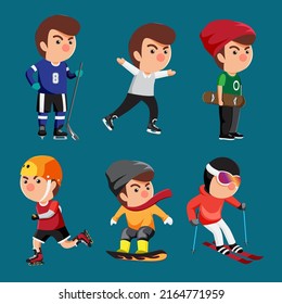 Set of athletes player mix pack such as Hockey, Ice skate, Surfboard, Roller skate, Snowboard, Skier with equipment of sport kind. Objects isolated on a blue background.