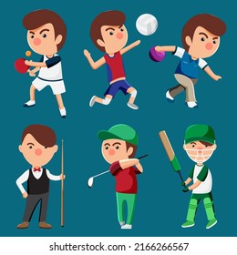 Set of athletes player mix pack such as table tennis, volleyball, bowling, snooker, golf, cricket,  with equipment of sport kind. Objects isolated on a blue background.