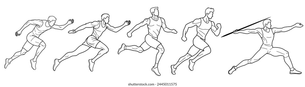 Set of athletes runners and javelin thrower, drawn in outlines, black on white background