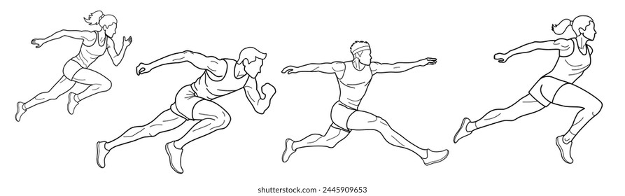 Set of athletes runners and jumpers, drawn in outlines, black on white background