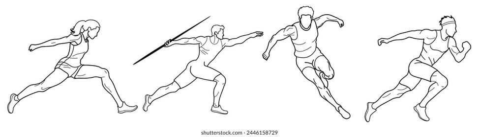 Set of athletes runners, jumpers and javelin thrower, drawn in outlines, black on white background