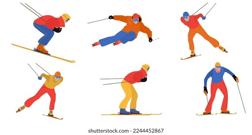 Set of athletes skiers, alpine skiing in different poses