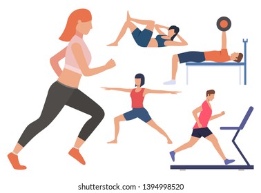 Set of athletes training bodies in fitness club. Men and women running on treadmill, pressing barbell, doing yoga. Fitness concept. Vector illustration can be used for topics like gym or sport