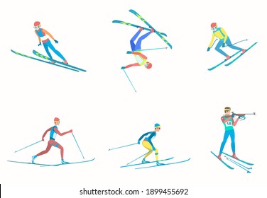 Set Of Athletes Winter Sports. Ski Jumping. Freestyle Skiing And Acrobatics. Alpine Skier On Slalom Track. Cross Country Skiing Race. Biathlete Shooting On Standing Position. Vector Illustration.