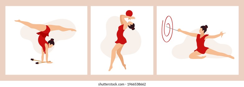 Set of athletes women exercising and performing rhythmic gymnastics with ribbon, ball, clubs. Gymnastic element, athletic, sport. Flat vector illustration.